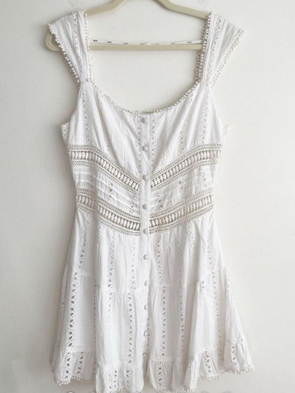 White Eyelet Button-Front Mini Dress with Crochet Waist
